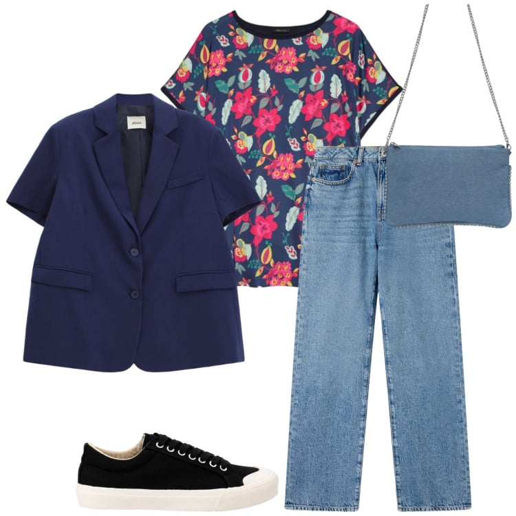 Outfit donna - Total look #2472993. Stile Casual per Tutti i giorni. Abbinamento con blazer, sneakers, borse a tracolla, jeans dritti, bluse.