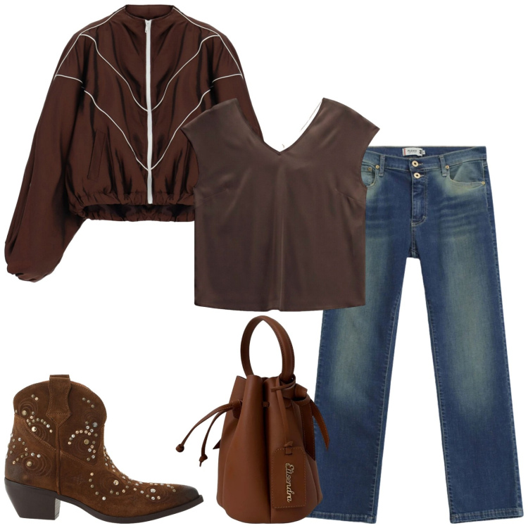 Outfit donna - Total look #2472994. Stile Urban per Tutti i giorni. Abbinamento con t-shirt, jeans slim fit, bomber, stivaletti texani, borse a secchiello.