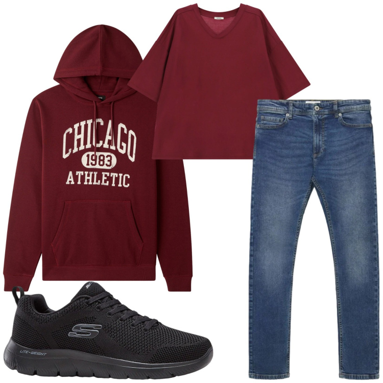 Outfit uomo - Total look #2472997. Stile Trendy per Tutti i giorni. Abbinamento con sneakers, t-shirt, felpe con cappuccio, jeans skinny.