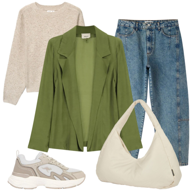Outfit donna - Total look #2472998. Stile Casual per Ufficio. Abbinamento con sneakers, jeans, maglieria, blazer, borse a spalla.
