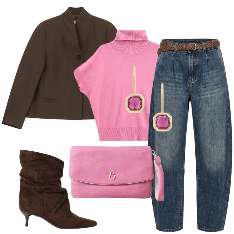 Outfit donna - Rosa e marrone. Stile Glamour per Tutti i giorni. Abbinamento con pullovers, stivali, blazer, pochette, orecchini, jeans.