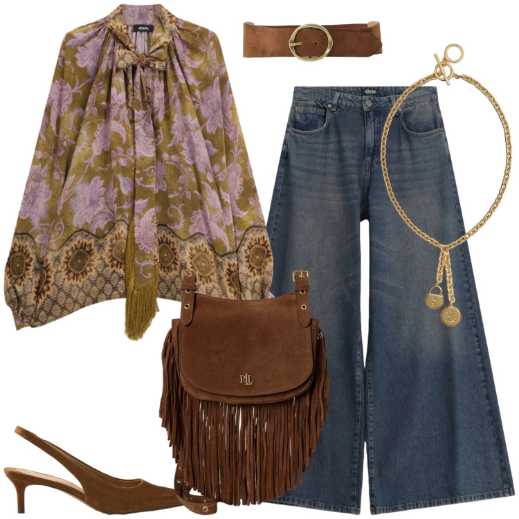 Outfit donna - Un look che conquista. Stile Boho per Serata fuori. Abbinamento con bluse, jeans, cinture, borse a tracolla, décolleté, ciondoli.