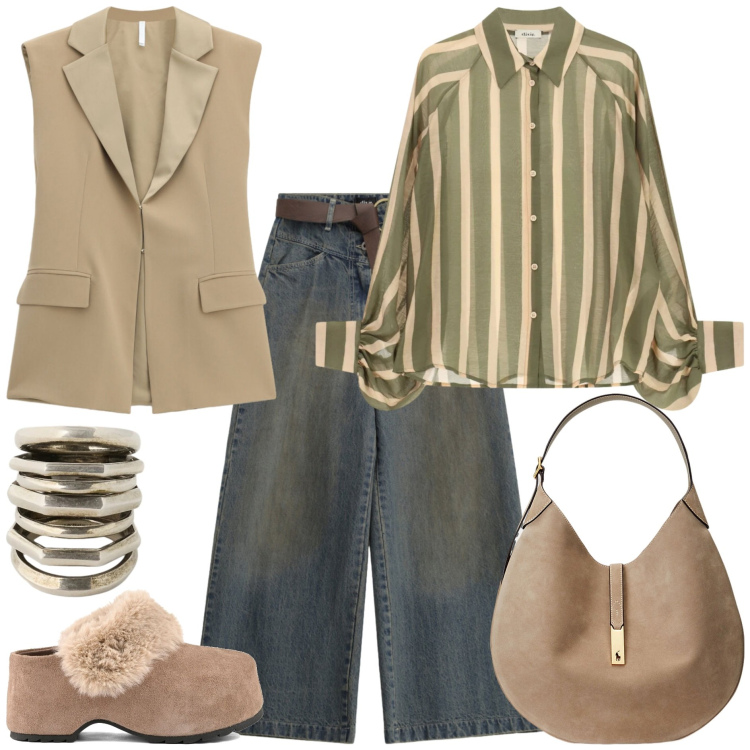 Outfit donna - Speciale accessori suede trendy. Stile Trendy per Tutti i giorni. Abbinamento con gilet, jeans boyfriend, camicie, borse a spalla, anelli, zoccoli.