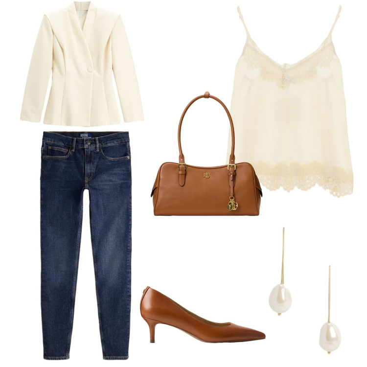 Outfit donna - Dark Denim Chic – Eleganza d’autunno. Stile Casual chic per Tutti i giorni. Abbinamento con blazer, top, décolleté, orecchini, jeans slim fit, borse a mano.
