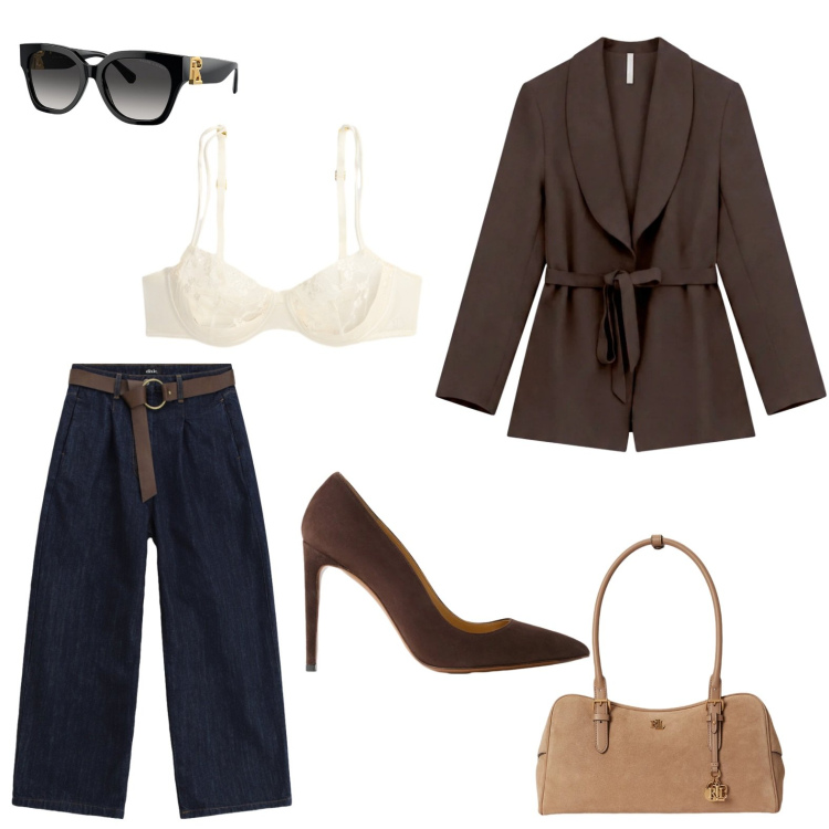 Outfit donna - 🤎 Chocolate Suede. Stile Chic per Tutti i giorni. Abbinamento con blazer, pantaloni a palazzo, occhiali da sole, borse a mano, décolleté, reggiseni.