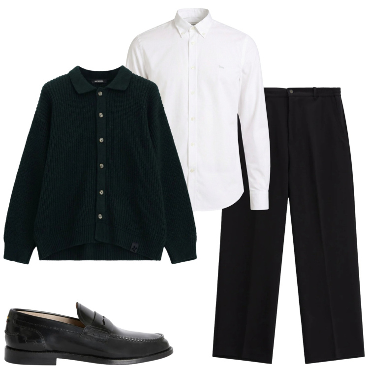 Outfit uomo - In ufficio. Stile Business/Elegante per Ufficio. Abbinamento con camicie, scarpe stringate, cardigans, pantaloni.