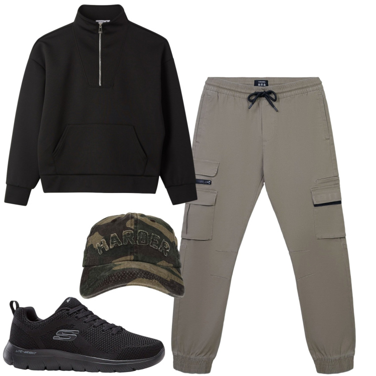 Outfit uomo - Weekend. Stile Casual per Tutti i giorni. Abbinamento con sneakers, pantaloni cargo, cappelli con visiera, felpe.