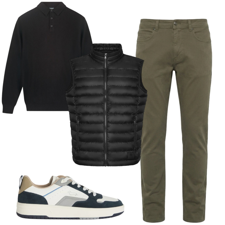 Outfit uomo - City. Stile Casual per Tutti i giorni. Abbinamento con sneakers, pantaloni, polo, piumini.