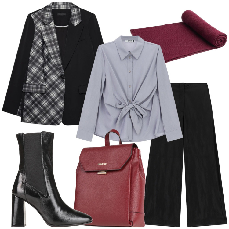 Outfit donna - La borsa burgundy. Stile Casual per Ufficio. Abbinamento con stivaletti chelsea, zaini, camicie, pantaloni a palazzo, sciarpe, blazer.