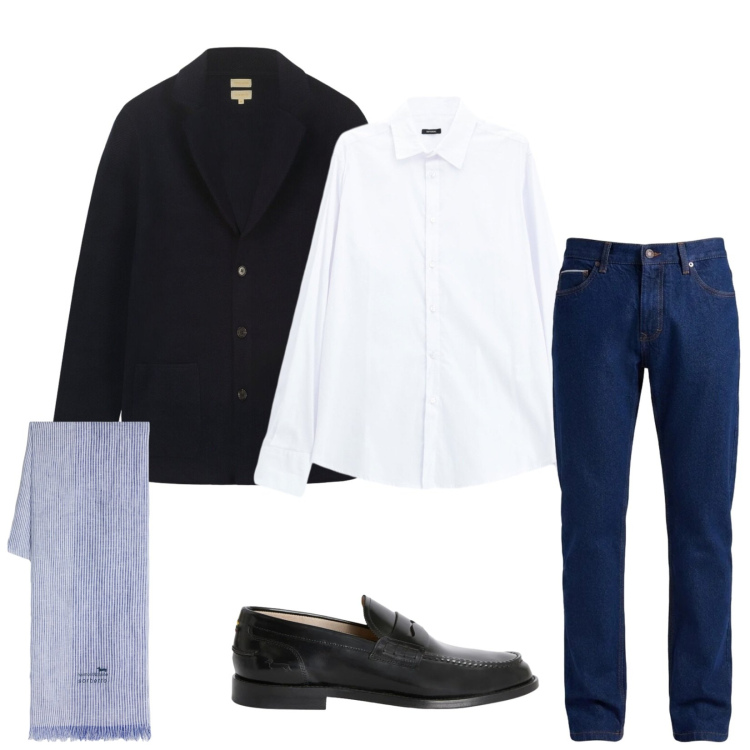 Outfit uomo - Total look #2473036. Stile Trendy per Ufficio. Abbinamento con sciarpe, scarpe stringate, jeans, camicie, cardigans.
