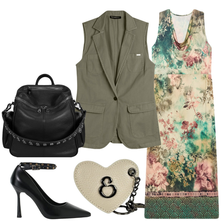 Outfit donna - Vestito floreale. Stile Basic per Tutti i giorni. Abbinamento con gilet, décolleté, vestiti lunghi, portachiavi, zaini.