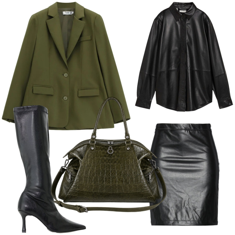 Outfit donna - Green urban. Stile Trendy per Ufficio. Abbinamento con minigonne, camicie, stivali, blazer, shopping bag.