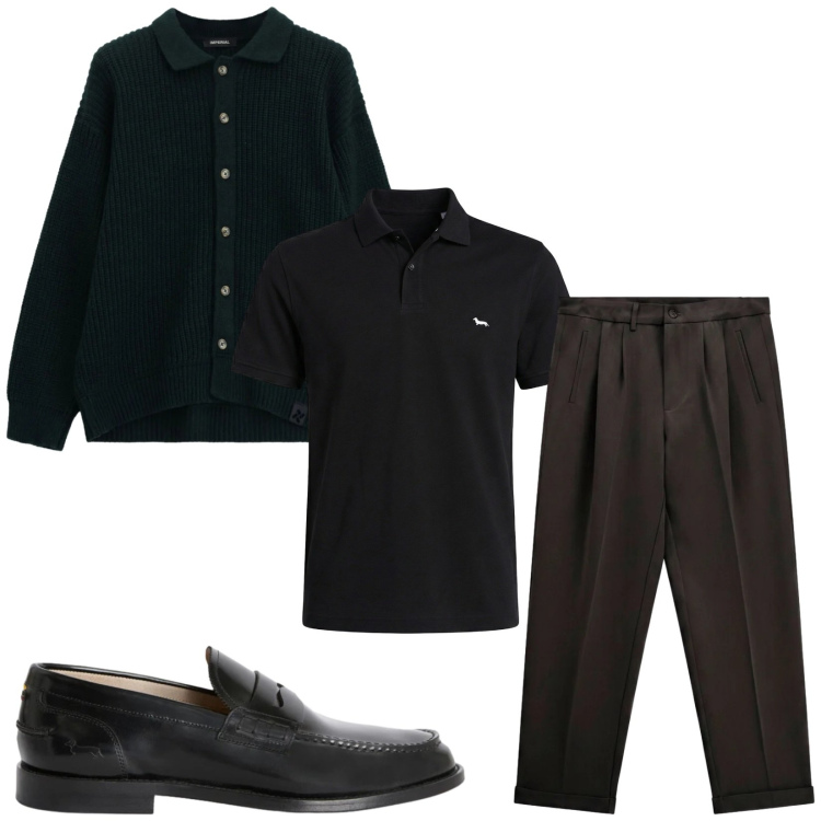 Outfit uomo - Total look #2473046. Stile Trendy per Ufficio. Abbinamento con polo, scarpe stringate, cardigans, pantaloni.