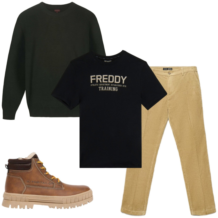 Outfit uomo - Total look #2473050. Stile Casual per Tutti i giorni. Abbinamento con maglieria, t-shirt, pantaloni chino, stivali e stivaletti.