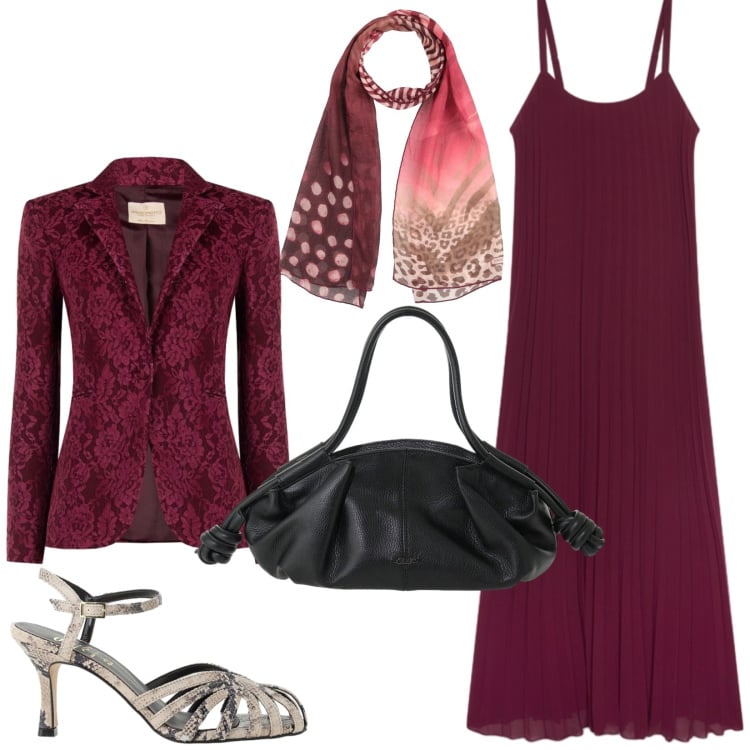 Outfit donna - Total look #2473056. Stile Chic per Serata fuori. Abbinamento con sciarpe, borse a mano, sandali in pelle, blazer, vestiti lunghi.