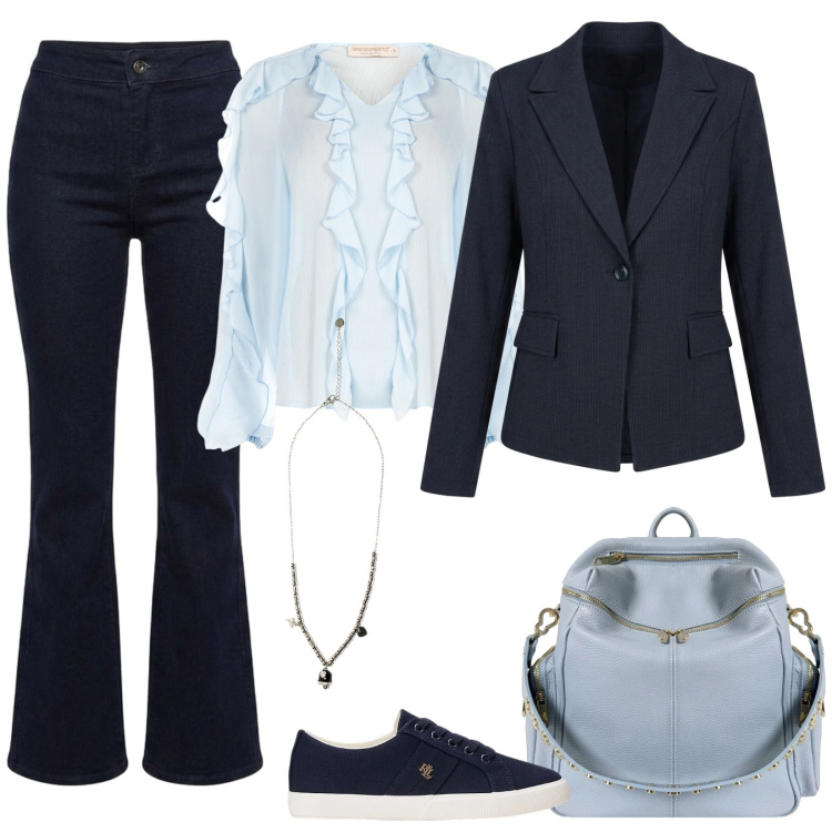 Outfit donna - Jeans, blazer e sneakers per l\'ufficio. Stile Casual chic per Ufficio. Abbinamento con ciondoli, bluse, zaini, sneakers, blazer, jeans.