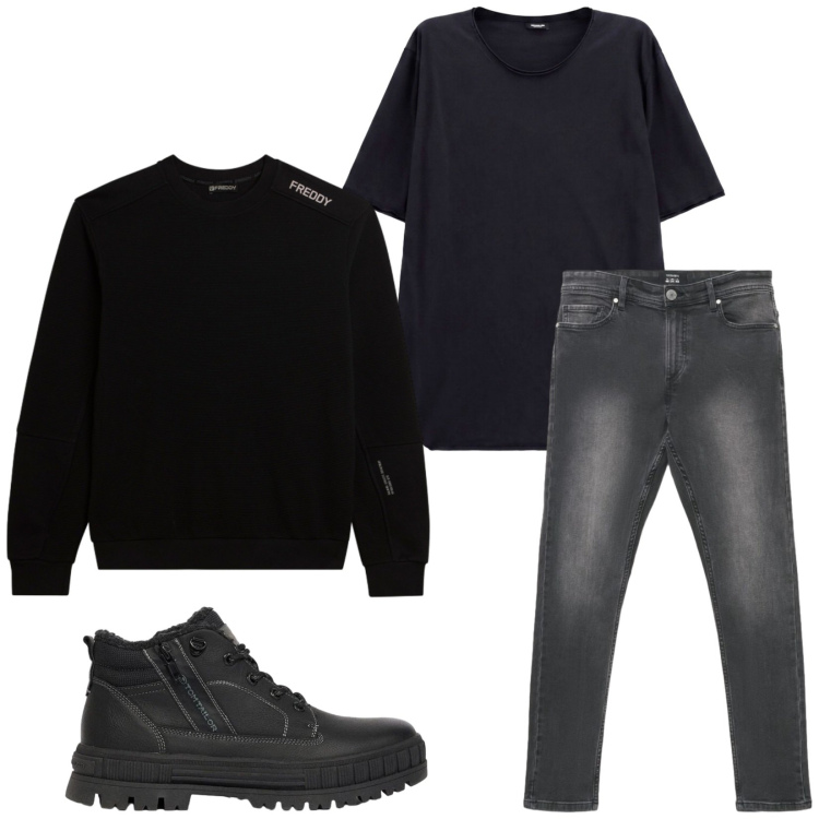 Outfit uomo - Total look #2473065. Stile Urban per Tutti i giorni. Abbinamento con t-shirt, felpe, jeans skinny, stivali e stivaletti.