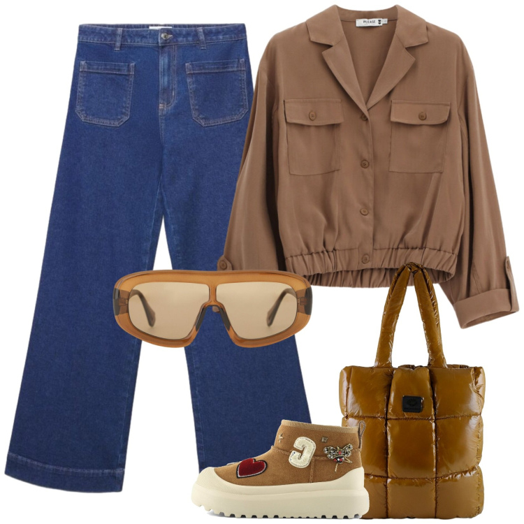 Outfit donna - Autunno in jeans e camoscio. Stile Casual per Tutti i giorni. Abbinamento con jeans, occhiali da sole, camicie, shopping bag, stivali.