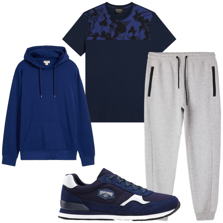 Outfit uomo - Total look #2473070. Stile Urban per Sport. Abbinamento con sneakers, felpe con cappuccio, pantaloni, t-shirt.