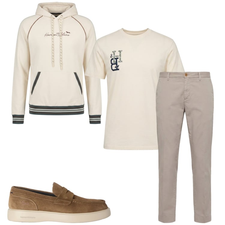 Outfit uomo - Total look #2473072. Stile Trendy per Tutti i giorni. Abbinamento con pantaloni chino, scarpe stringate, felpe con cappuccio, t-shirt.