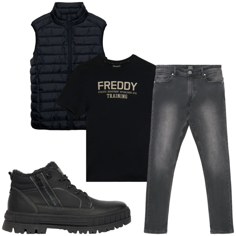 Outfit uomo - Total look #2473083. Stile Trendy per Tutti i giorni. Abbinamento con t-shirt, piumini, jeans skinny, stivali e stivaletti.