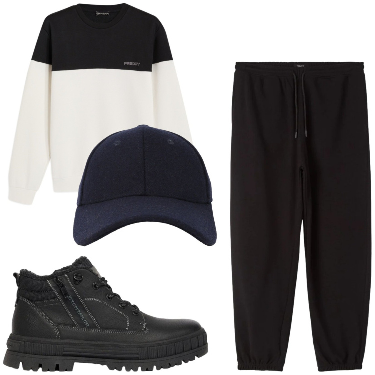 Outfit uomo - Total look #2473087. Stile Trendy per Tutti i giorni. Abbinamento con felpe, pantaloni, cappelli con visiera, stivali e stivaletti.