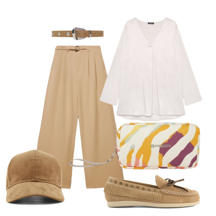 Outfit donna - Settembre. Stile Casual per Tutti i giorni. Abbinamento con cinture, pantaloni a palazzo, valigie, bluse, cappelli con visiera, mocassini.