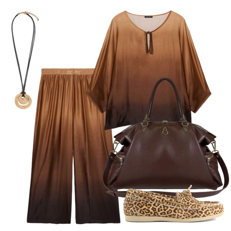 Outfit donna - Settembre. Stile Boho per Tutti i giorni. Abbinamento con pantaloni a palazzo, bluse, ciondoli, borse a spalla, mocassini.