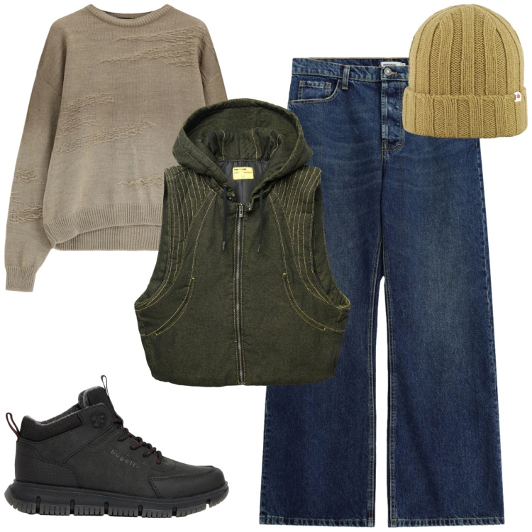 Outfit uomo - Gita in autunno. Stile Trendy per Tutti i giorni. Abbinamento con stivali e stivaletti, jeans, maglieria, gilet, berretti.