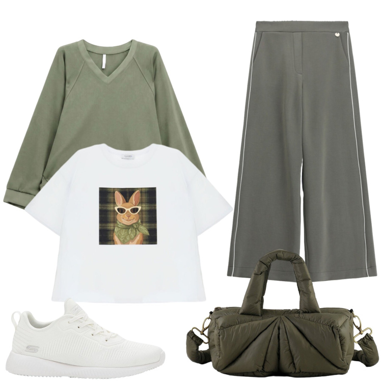 Outfit donna - Regina. Stile Casual chic per Tutti i giorni. Abbinamento con sneakers, pantaloni a palazzo, felpe, t-shirt, borse a mano.