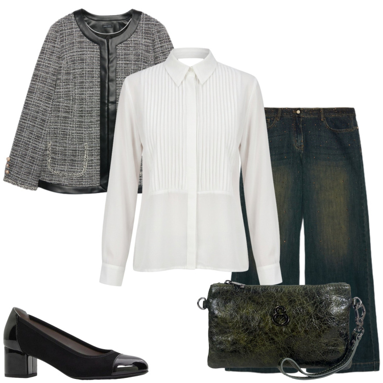 Outfit donna - Paola. Stile Glamour per Tutti i giorni. Abbinamento con décolleté, camicie, blazer, jeans, pochette.