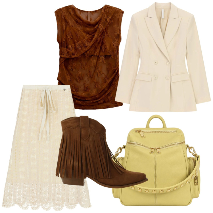 Outfit donna - Fascino bohémien. Stile Urban per Tutti i giorni. Abbinamento con top, stivaletti texani, blazer, gonne longuette, zaini.