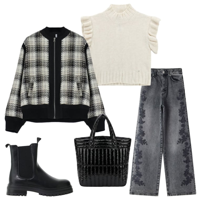 Outfit donna - Dark denim. Stile Casual chic per Tutti i giorni. Abbinamento con bomber, stivaletti chelsea, jeans, maglieria, borse a mano.
