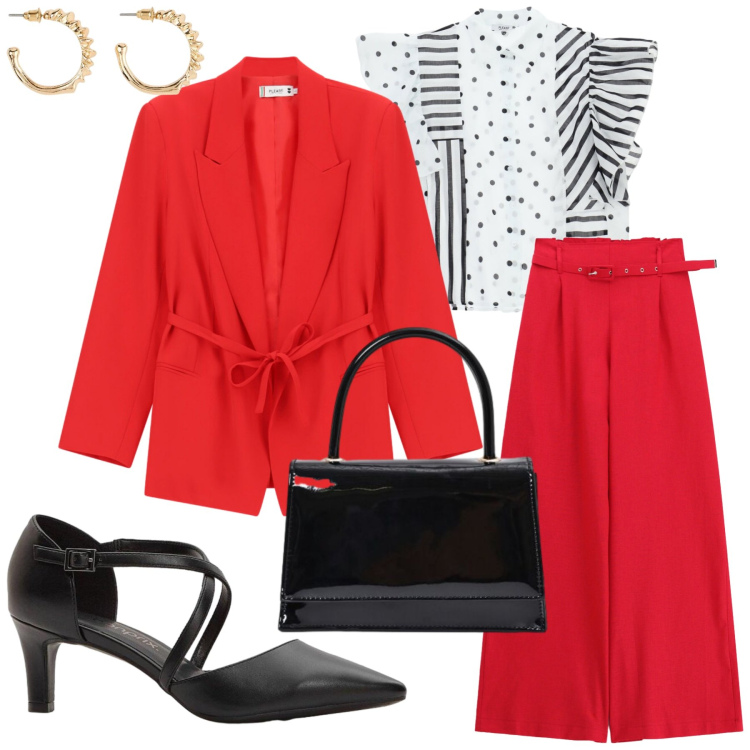 Outfit donna - Rosso Potere e Carisma. Stile Casual chic per Cerimonia. Abbinamento con pantaloni a palazzo, blazer, camicie, borse a mano, décolleté, orecchini.