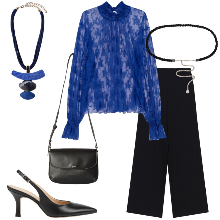 Outfit donna - Maglia in pizzo. Stile Casual chic per Serata fuori. Abbinamento con décolleté, borse a tracolla, bluse, pantaloni a palazzo, ciondoli, cinture.