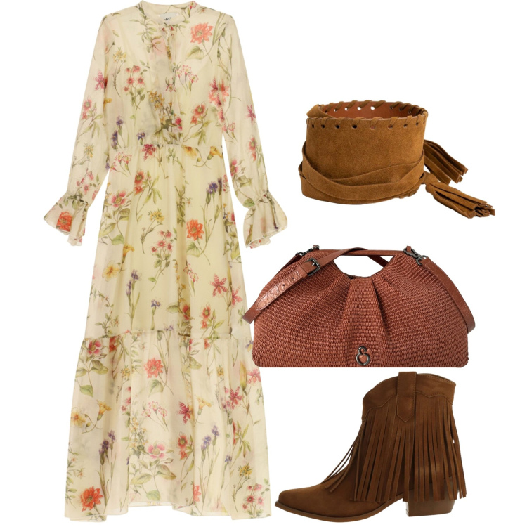 Outfit donna - Speciale accessori suede. Stile Boho per Tutti i giorni. Abbinamento con stivaletti texani, vestiti lunghi, clutch, cinture.