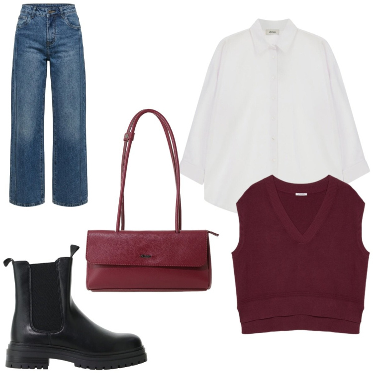 Outfit donna - Dark denim. Stile Casual per Tutti i giorni. Abbinamento con stivaletti chelsea, borse a spalla, camicie, maglieria, jeans.