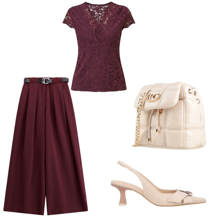 Outfit donna - Burgundy Chic. Stile Chic per Tutti i giorni. Abbinamento con décolleté, valigie, pantaloni a palazzo, top.