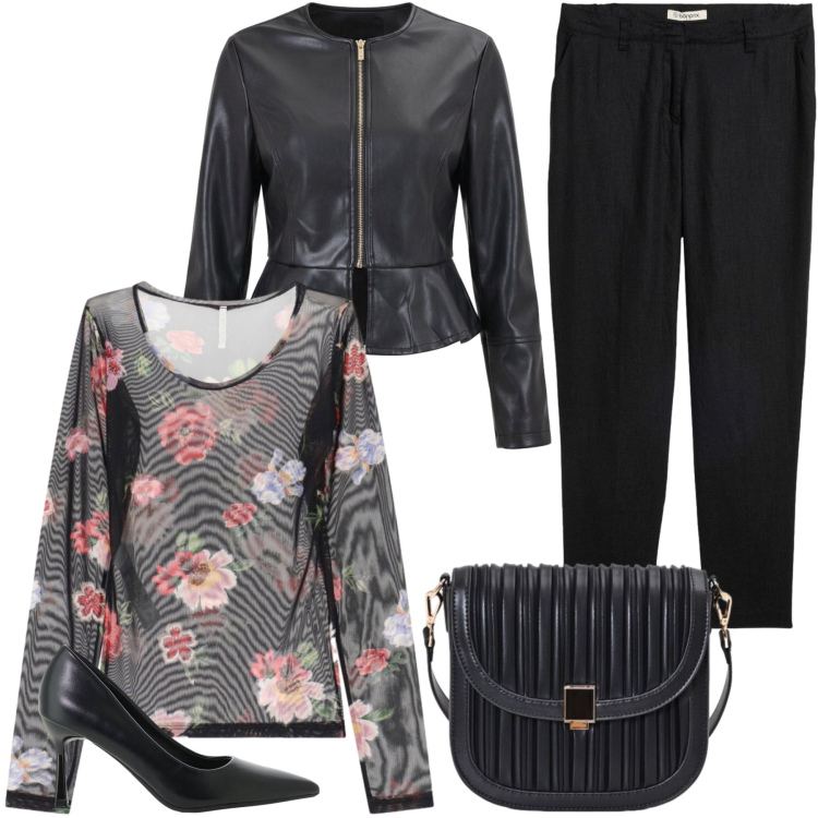 Outfit donna - Nicole. Stile Glamour per Serata fuori. Abbinamento con pantaloni, décolleté, t-shirt, borse a tracolla, giacche.