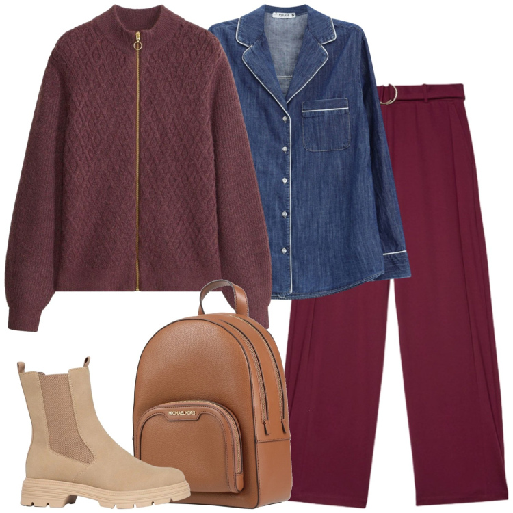 Outfit donna - In giro. Stile Casual per Tutti i giorni. Abbinamento con zaini, stivaletti, cardigans, camicie, pantaloni a palazzo.