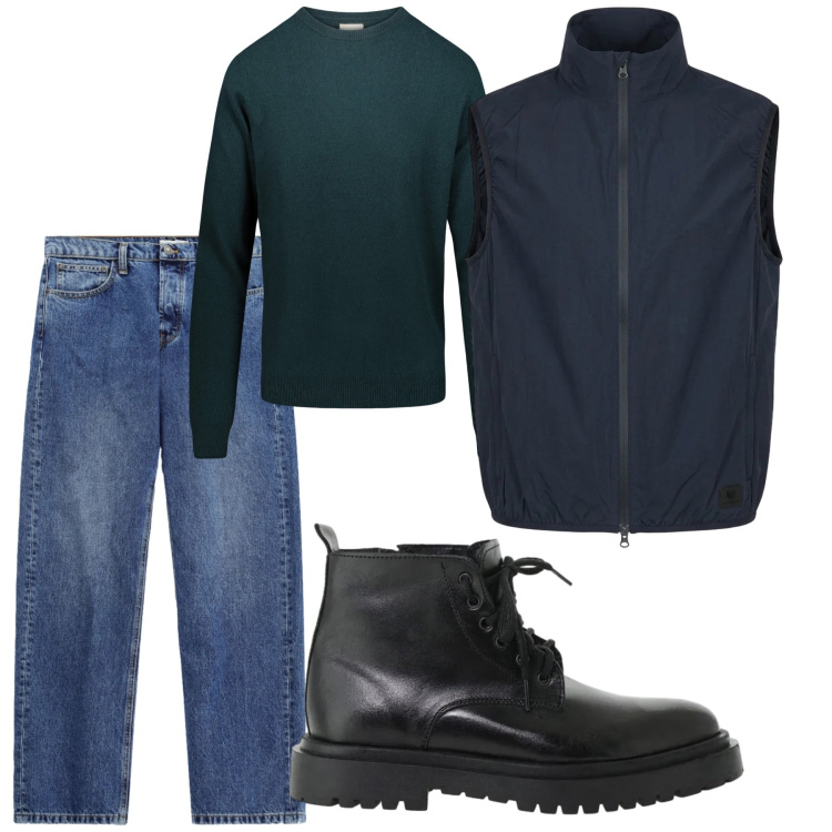Outfit uomo - Total look #2473185. Stile Urban per Tutti i giorni. Abbinamento con anfibi, jeans, maglieria, gilet.