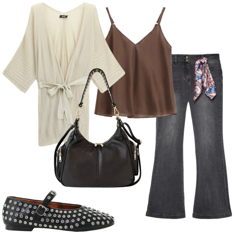 Outfit donna - Total look #2473186. Stile Trendy per Tutti i giorni. Abbinamento con top, ballerine, cardigans, jeans, borse a spalla.