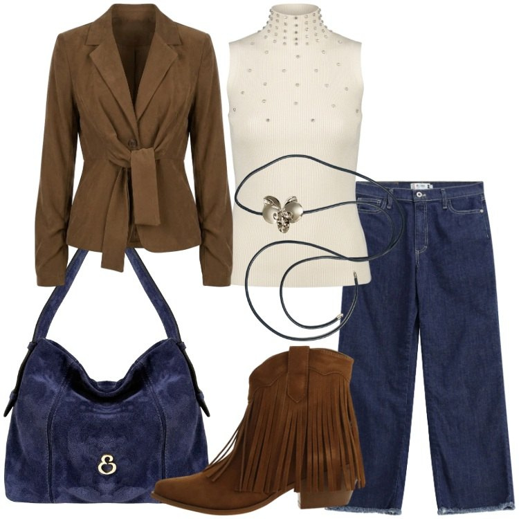 Outfit donna - Speciale accessori suede. Stile Trendy per Tutti i giorni. Abbinamento con stivaletti texani, jeans dritti, borse a spalla, blazer, cinture, top.