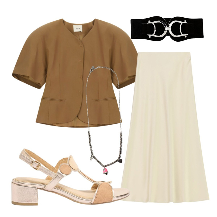 Outfit donna - Originale ogni giorno. Stile Bon Ton per Ufficio. Abbinamento con cinture, sandali col tacco, ciondoli, gonne lunghe, top.