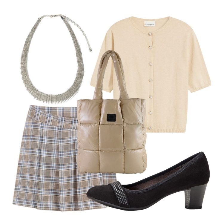 Outfit donna - Fantasia check. Stile Vintage retrò per Ufficio. Abbinamento con décolleté, cardigans, gonne, shopping bag, collane.