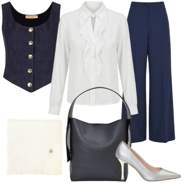 Outfit donna - Look da copertina. Stile Glamour per Tutti i giorni. Abbinamento con pantaloni a palazzo, sciarpe, décolleté, camicie, borse a spalla, gilet.