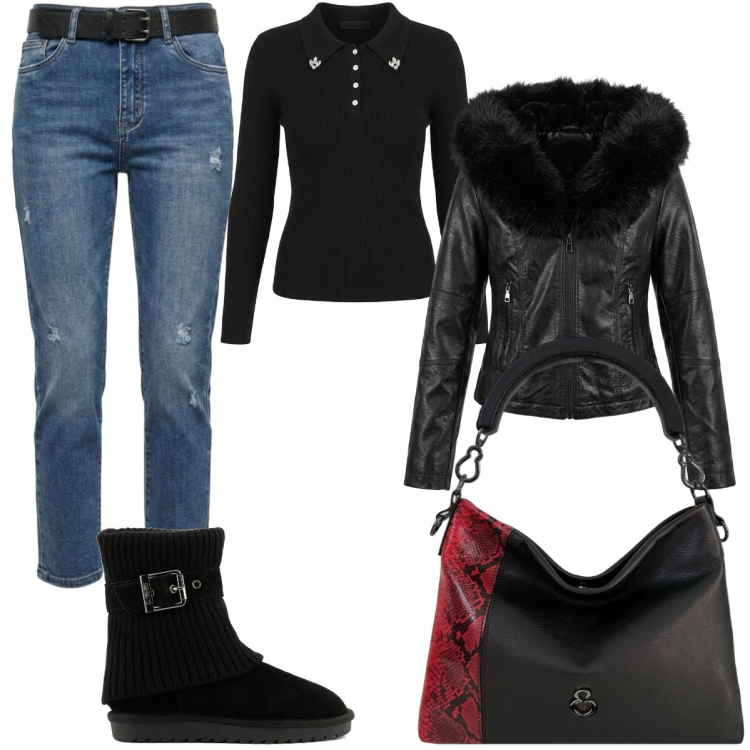 Outfit donna - Dark denim. Stile Casual per Tutti i giorni. Abbinamento con borse a mano, jeans, giacche, t-shirt, stivaletti.