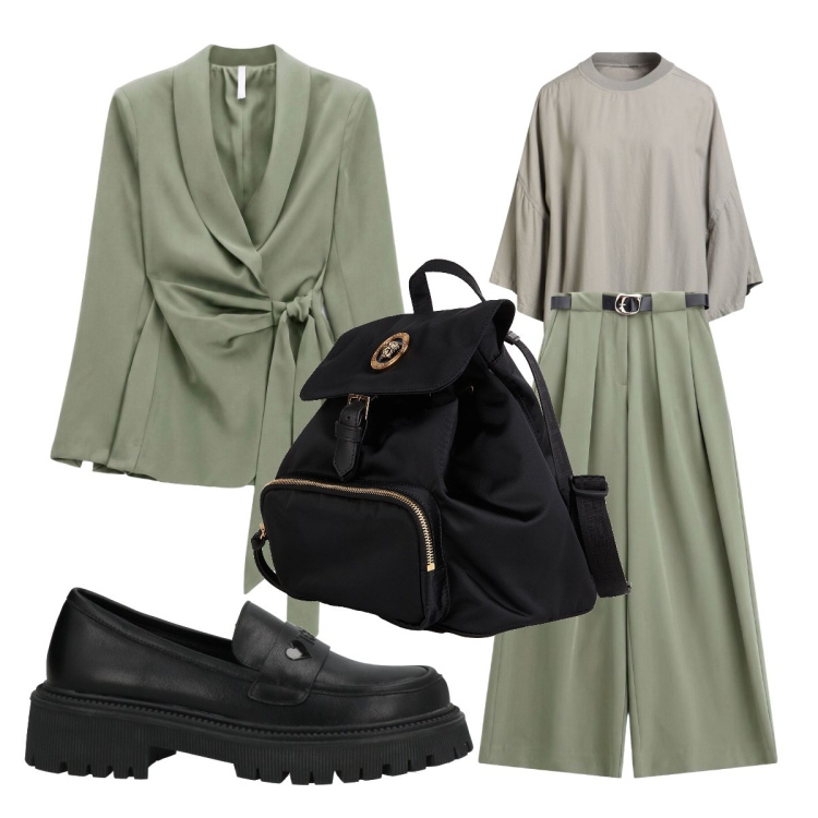 Outfit donna - Settembre. Stile Mannish per Ufficio. Abbinamento con zaini, mocassini, t-shirt, blazer, pantaloni a palazzo.