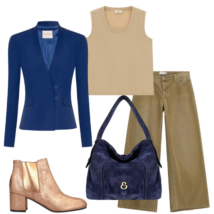 Outfit donna - Un giorno in città. Stile Casual per Tutti i giorni. Abbinamento con stivaletti chelsea, pantaloni a palazzo, canottiere, blazer, borse a spalla.