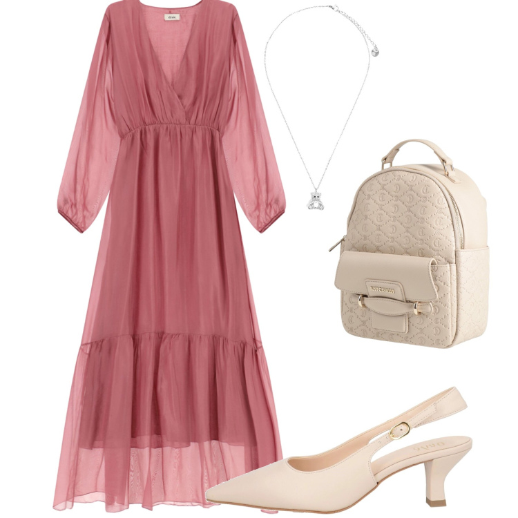 Outfit donna - Lory. Stile Glamour per Tutti i giorni. Abbinamento con décolleté, zaini, ciondoli, vestiti lunghi.